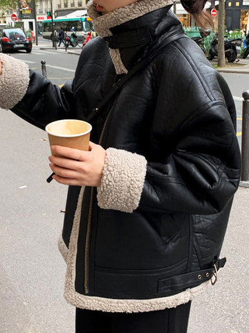 Airchics manteau aviateur en cuir doublé mouton femme perfecto veste noir